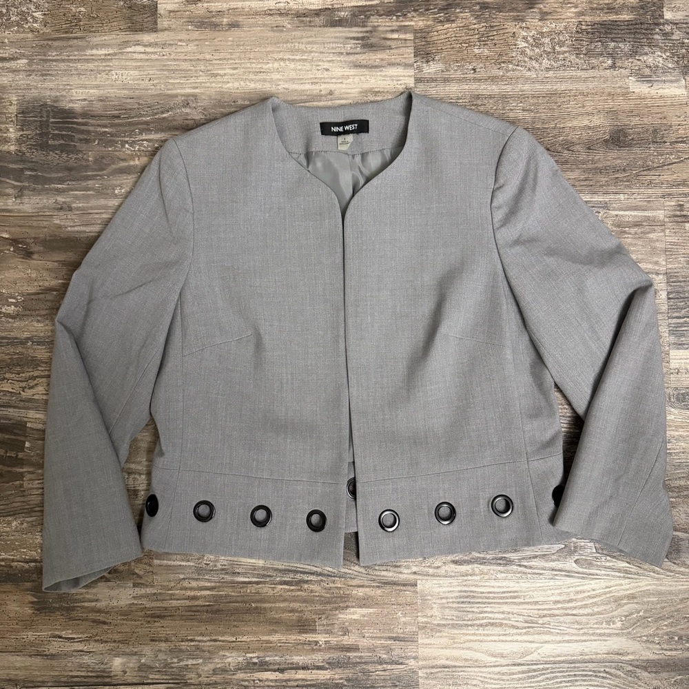 Nine West Women’s Light Gray Open-Front 3/4 Sleeve Grommet-Trim Blazer Size 8